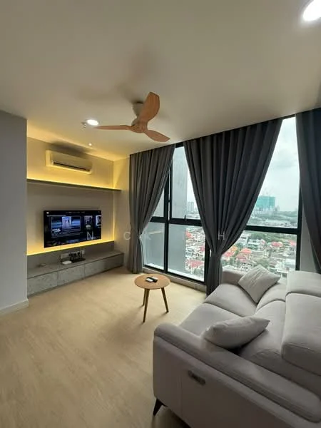 Living features: 5-blade ceiling fan with light, wall-mounted TV, TV console, sofa in light grey fabric, coffee table, floor-to-ceiling windows, grey curtains, recessed LED downlights, decorative wall with ambient lighting, wooden flooring; style: modern; view: city.