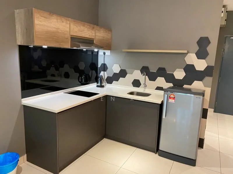 Kitchen features: white quartz countertop, dark wood cabinetry, hexagonal tile backsplash in black and cream, stainless-steel single-bowl sink, chrome pull-down faucet, built-in refrigerator, kettle, black countertop appliances, under-cabinet lighting, white tiled flooring; style: modern.
