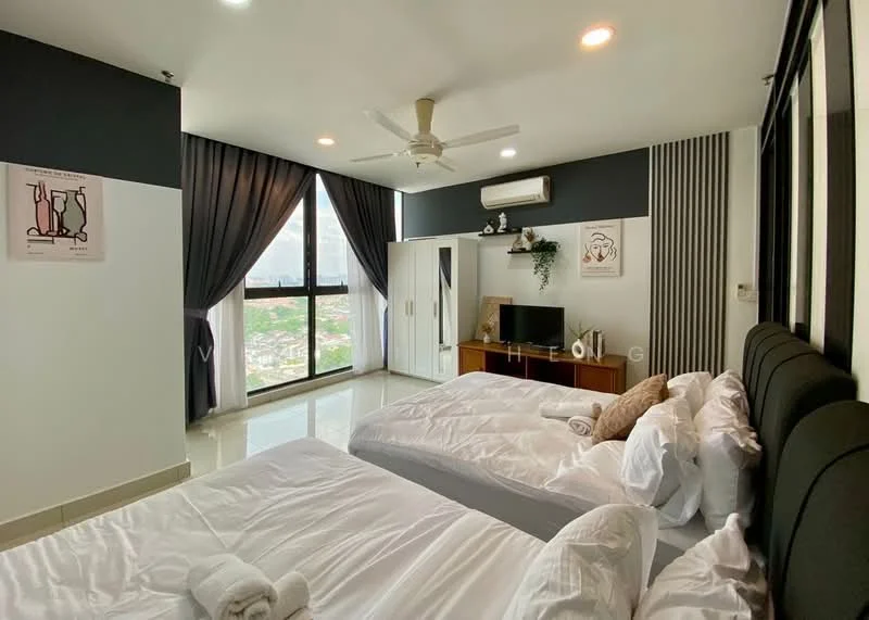 Bedroom features: two single beds with white bedding, upholstered headboards in black, floor-to-ceiling windows, city view, grey accent wall, white painted walls, recessed downlights, ceiling fan, TV console with wall-mounted TV, decorative wall art, curtains in dark grey, built-in wardrobe; style: modern; view: city.