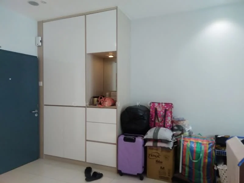 Room features: built-in cabinetry with white finish, open shelving, storage space, light-colored walls, tile flooring, multiple bags and boxes, black luggage, colorful shopping bags, single black shoe, door with blue paint; style: modern.