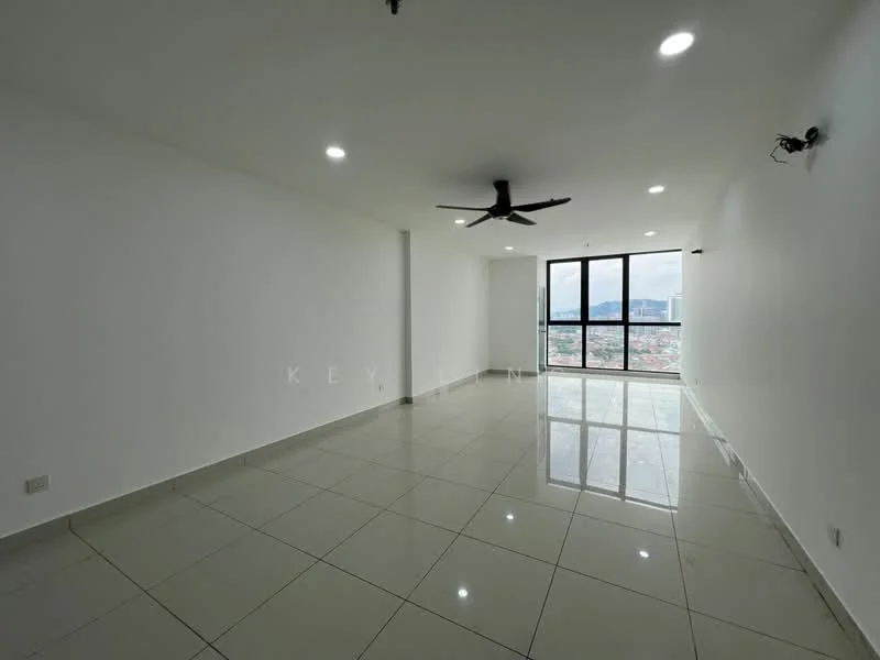 Living features: white painted walls, glossy ceramic tile flooring, 5-blade ceiling fan with light, floor-to-ceiling windows, city view, recessed downlights; style: modern; view: city.