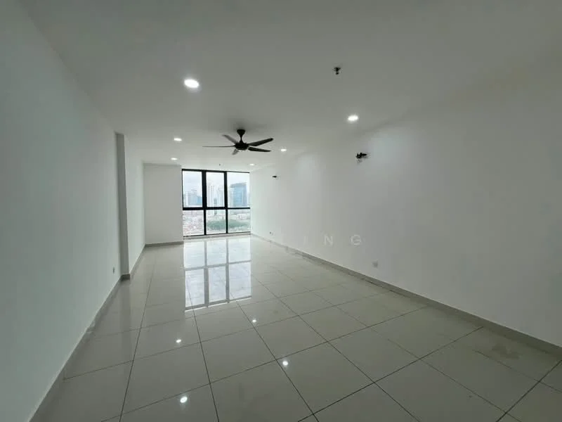 Living features: white painted walls, glossy ceramic tile flooring, 5-blade ceiling fan with light, floor-to-ceiling windows, natural light from windows, recessed downlights, open layout, city view; style: modern; view: city.
