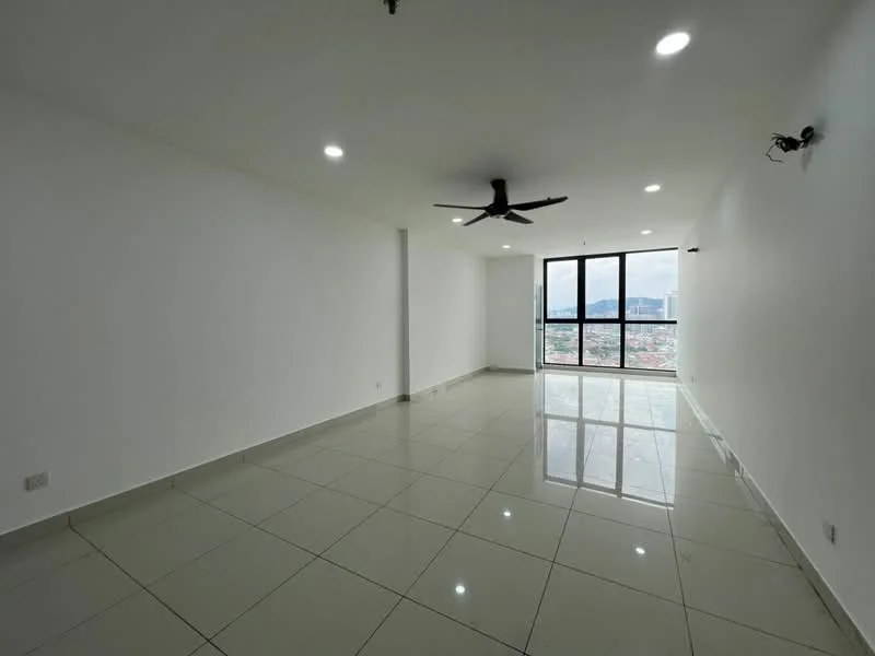 Living features: white painted walls, glossy ceramic tile flooring, 5-blade ceiling fan with light, floor-to-ceiling windows, city view, recessed LED downlights; style: modern; view: city.