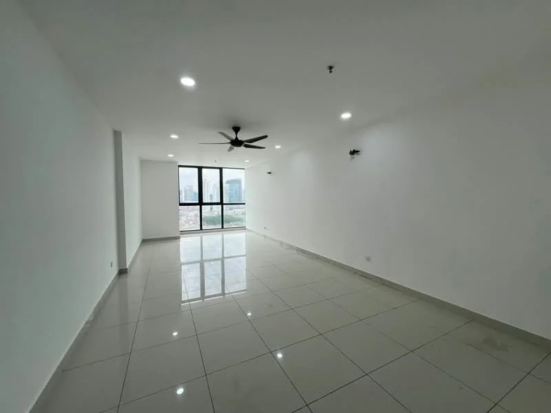 Living features: white painted walls, glossy ceramic tile flooring, 5-blade ceiling fan with light, floor-to-ceiling windows, city view, recessed downlights, two wall-mounted lights; style: modern; view: city.