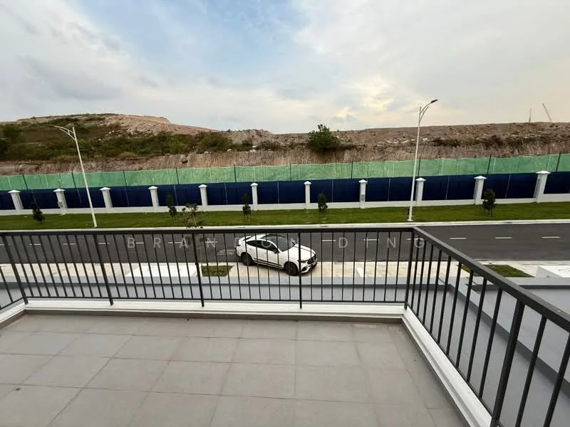 Room features: balcony with railing, grey tiled flooring, view of construction site, view of road, street lighting, paved walkway; view: construction.