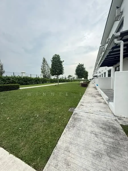 Exterior type: linked terrace house; features: manicured lawn, mature trees, concrete pathway, green landscaping, fenced area, outdoor seating area, surrounding greenery; style: modern.