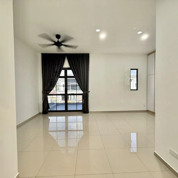 Living features: white painted walls, glossy ceramic tile flooring, 5-blade ceiling fan with light, floor-to-ceiling windows, blackout curtains, natural light from windows, recessed downlights, neutral color scheme; style: modern; view: city.