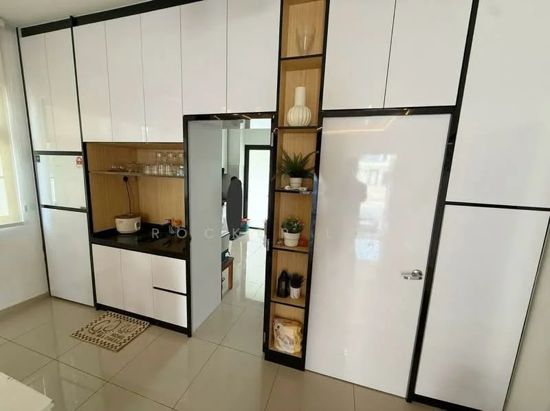 Kitchen features: white cabinetry with flat-panel doors, black countertop, built-in sink, glass shelves, decorative vases, tile backsplash, ceramic tile flooring, recessed lighting, open shelving, integrated appliances, door to utility area; style: modern.