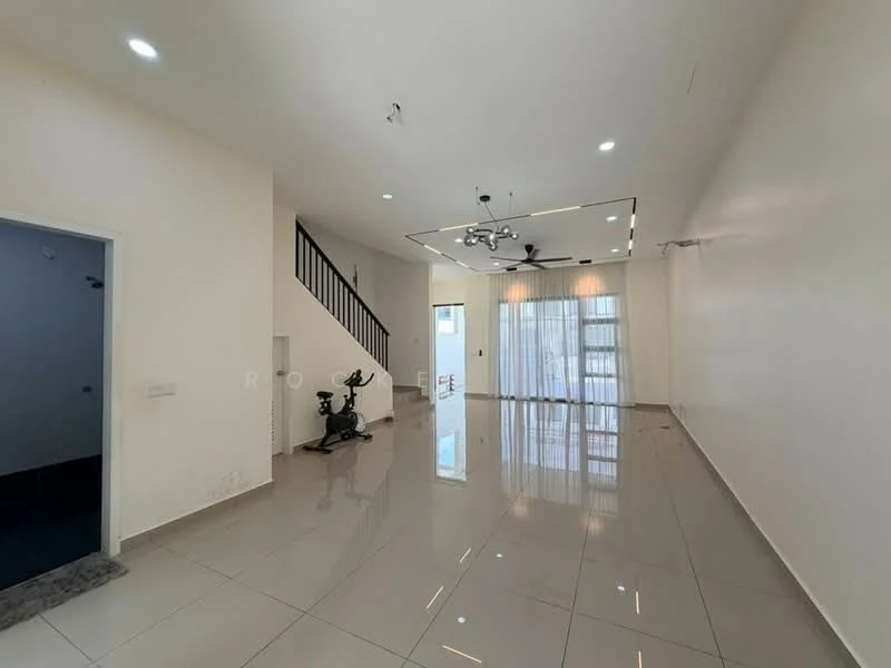 Living features: white painted walls, glossy tile flooring, recessed downlights, 5-blade ceiling fan with light, sliding glass door, floor-to-ceiling windows, exercise bike, open layout, natural light, neutral color scheme; style: modern. Room features: white painted walls, glossy tile flooring, doorway leading to another room.