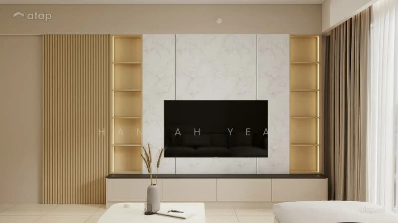Living features: marble feature wall, built-in TV console, floating shelves, light wood paneling, neutral wall color, large windows with sheer curtains, recessed lighting, ceramic tile flooring, decorative vase on coffee table; style: modern.