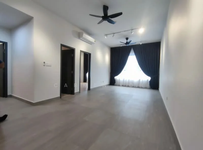 Living features: white painted walls, grey tile flooring, 2 ceiling fans, recessed downlights, floor-to-ceiling window, blackout curtains, light-colored curtain, 2 doors leading to other rooms; style: modern.