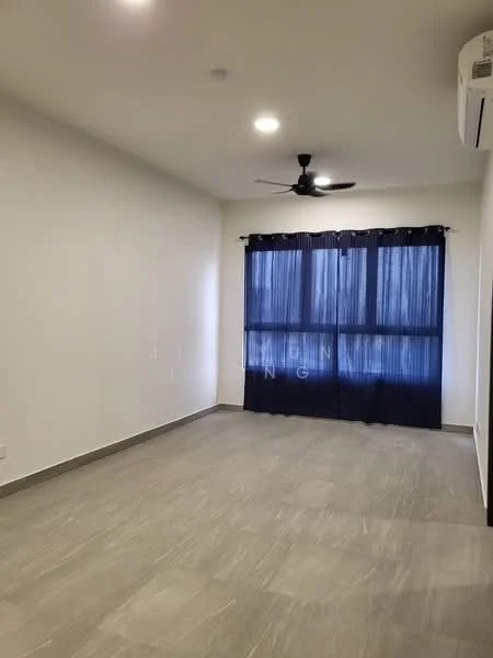 Living features: light grey tile flooring, white painted walls, ceiling fan, floor-to-ceiling windows with black curtains, recessed downlights, air conditioning unit; style: modern.