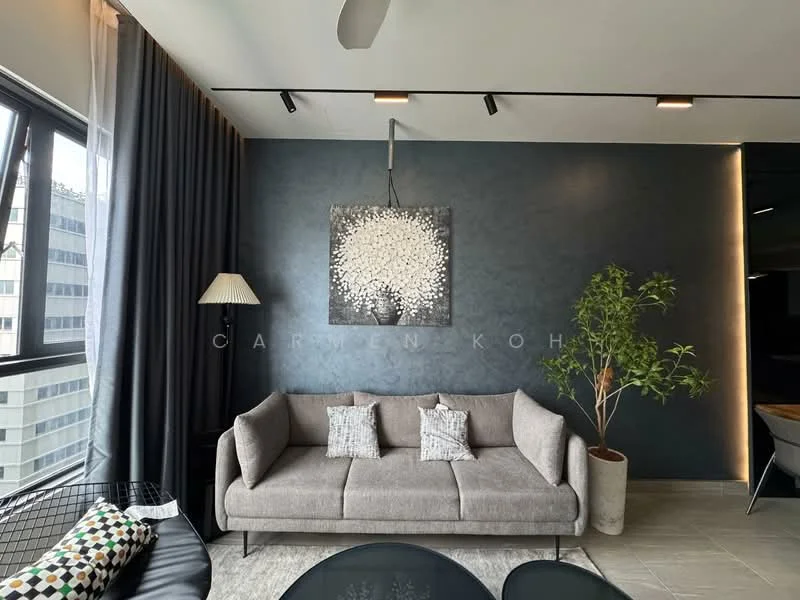 Living features: grey fabric sofa, decorative cushions, black accent wall, framed artwork with tree design, floor-to-ceiling windows, sheer curtains, lampshade floor lamp, indoor plant, recessed downlights, tile flooring; style: modern; view: city.
