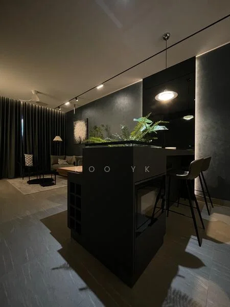 Living features: dark grey accent wall, light grey wall with artwork, recessed downlights, pendant light, sofa in black fabric, coffee table, area rug, floor-to-ceiling curtains, bar counter with stools, greenery in planter, open layout, wooden flooring, decorative wall panel; style: modern.