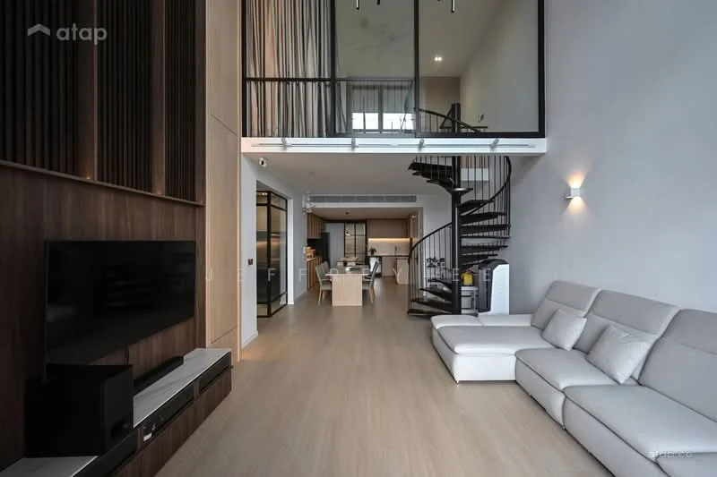 Living features: light wood flooring, white painted walls, high ceiling, spiral staircase, large windows, wall-mounted TV, grey sectional sofa, built-in cabinetry, recessed lighting, open-plan layout; style: modern. Kitchen features: island kitchen, stainless-steel appliances, black cabinetry, white countertop, open shelving, pendant lighting; style: modern.