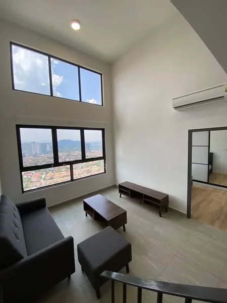 Living features: floor-to-ceiling windows, grey fabric sofa, wood coffee table, dark wood TV console, wall-mounted split AC, light-colored tile flooring, white painted walls, recessed downlights; style: modern; view: city. Room features: wood flooring, white painted walls.