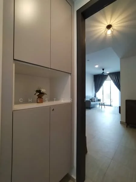 Room features: light grey cabinetry, built-in storage with doors, decorative plant on shelf, white walls, tile flooring, recessed ceiling lights, pendant light fixture, curtains, sliding glass door, view into living area; style: modern; view: living area.
