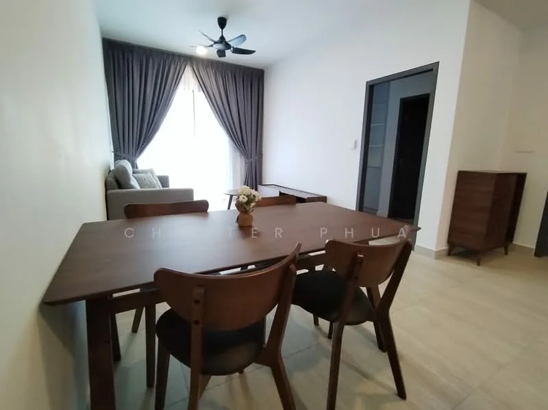 Dining features: wooden dining table, 4 wooden dining chairs, grey fabric sofa, floor-to-ceiling window, sheer curtains, light-colored tiled flooring, ceiling fan with light, decorative vase on table; style: modern.