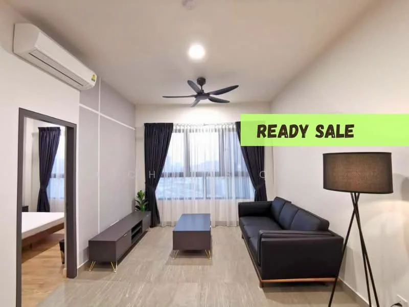Living features: 5-blade ceiling fan with light, floor-to-ceiling windows, black leather sofa, coffee table, TV console, laminate flooring, curtains, decorative lamp, wall-mounted air conditioning unit, neutral painted walls; style: modern; view: city.