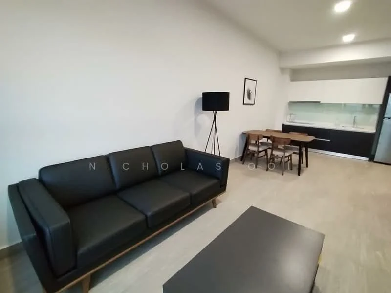 Living features: black leather 3-seater sofa, wooden coffee table, laminate flooring, white painted walls, recessed downlights, floor-to-ceiling windows, decorative wall art, black floor lamp; style: modern. Dining features: wooden dining table for 4, upholstered dining chairs, kitchen cabinetry, white countertop, built-in kitchen appliances; style: modern.