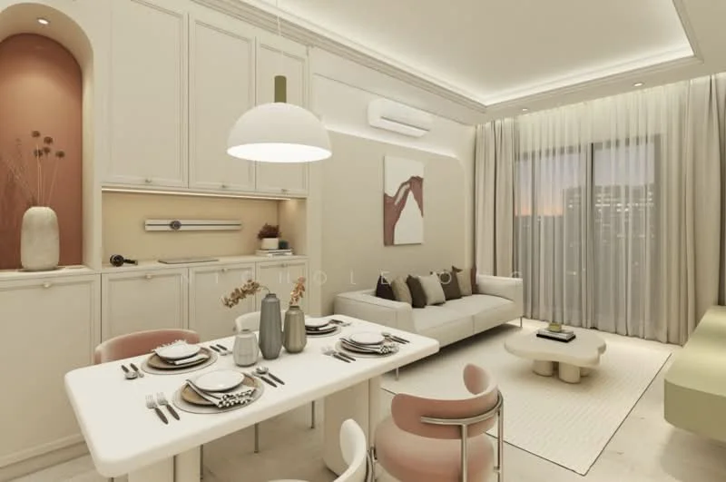 Living features: white painted walls, recessed downlights, floor-to-ceiling windows, sheer curtains, light-colored sofa, coffee table, dining table with 4 chairs, decorative vase, wall-mounted decor, area rug, green accent furniture; style: modern; view: city.