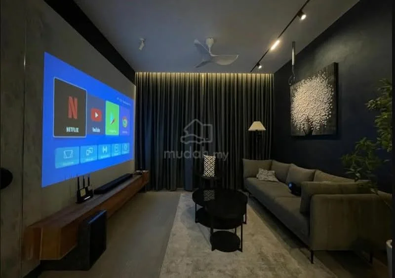 Living features: grey fabric sofa, black coffee table, wooden TV console, projector screen on wall, wall-mounted projector, black area rug, floor lamp, curtains, recessed downlights, ceiling fan with light; style: modern.