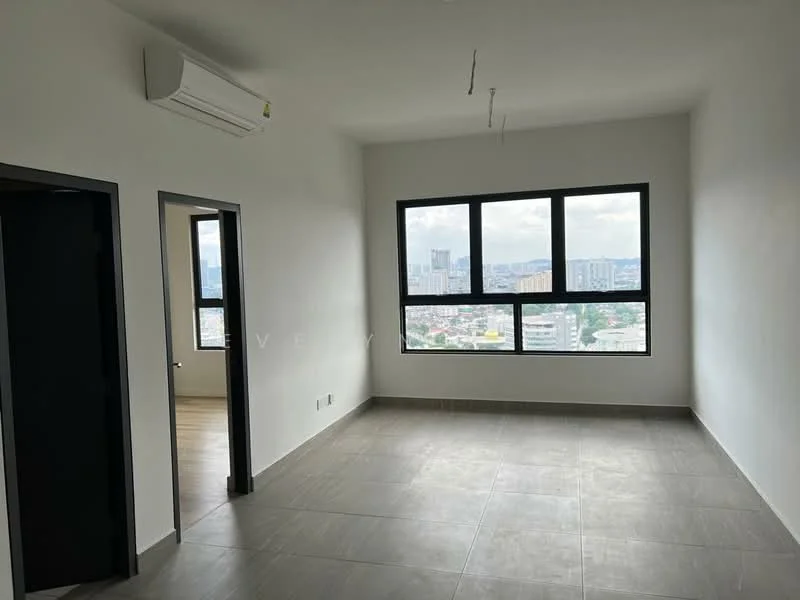 Room features: white painted walls, grey tiled flooring, floor-to-ceiling windows, 1 wall-mounted split AC, no visible furniture, city view, minimalist design, two doorways; style: modern; view: city.