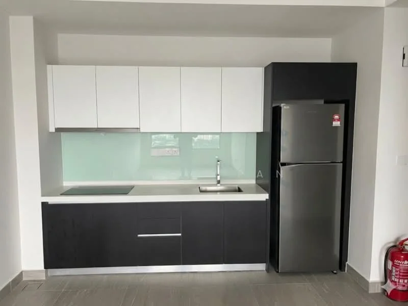 Kitchen features: white upper cabinets, black lower cabinets, glass backsplash, stainless-steel single-bowl sink, chrome pull-down faucet, built-in countertop, stainless-steel fridge, ceramic tile flooring, fire extinguisher mounted on wall, window with natural light; style: modern.