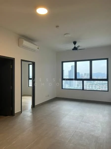 Room features: light grey tiled flooring, white painted walls, ceiling fan, wall-mounted split AC, large windows, city skyline view, doorway to adjacent room; style: modern; view: city.