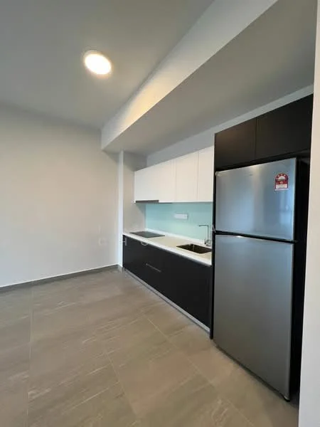Kitchen features: stainless-steel fridge, white upper cabinets, black lower cabinets, white countertop, single-bowl stainless-steel sink, chrome pull-down faucet, light grey tile flooring, back-painted glass backsplash, recessed ceiling lights; style: modern.