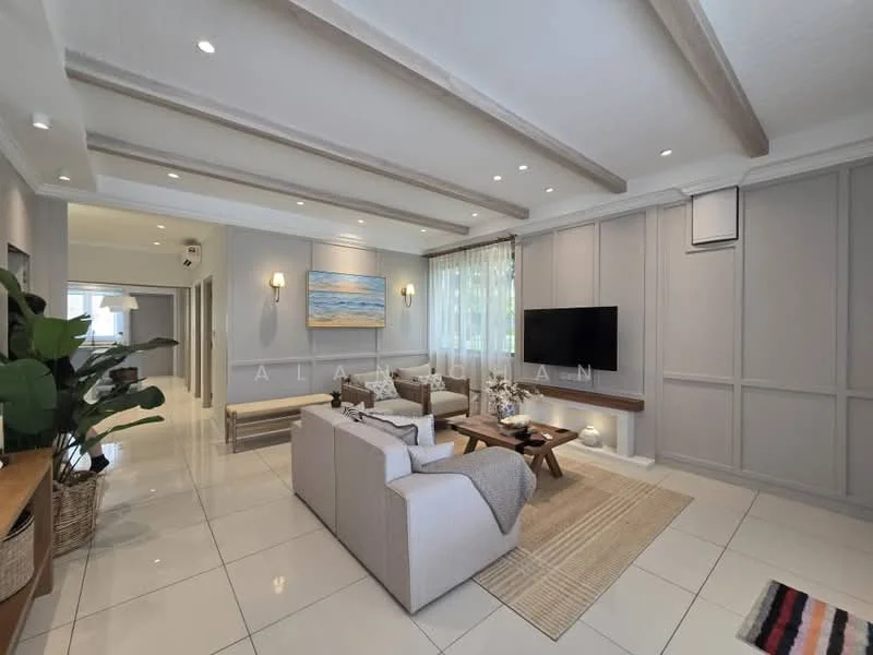 Living features: white painted walls, grey accent wall, exposed wooden beams on ceiling, recessed downlights, floor-to-ceiling windows with sheer curtains, light-coloured fabric sofa, wood coffee table, area rug with geometric pattern, wall-mounted TV, decorative wall sconces, potted houseplant, wooden console table; style: modern.