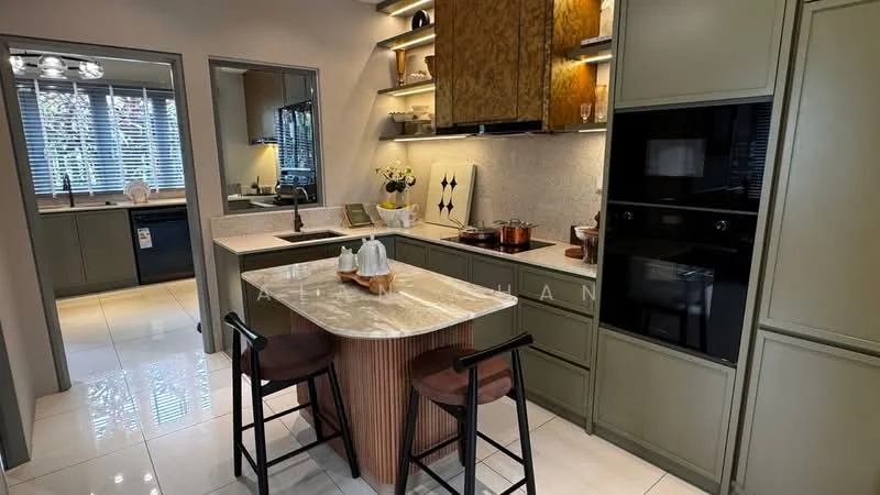 Kitchen features: green cabinetry, marble countertop, stainless-steel sink, chrome pull-down faucet, built-in oven, freestanding range oven, recessed downlights, open shelving, decorative wall paneling, bar stools, tile flooring, window with blinds, kitchen island; style: modern.