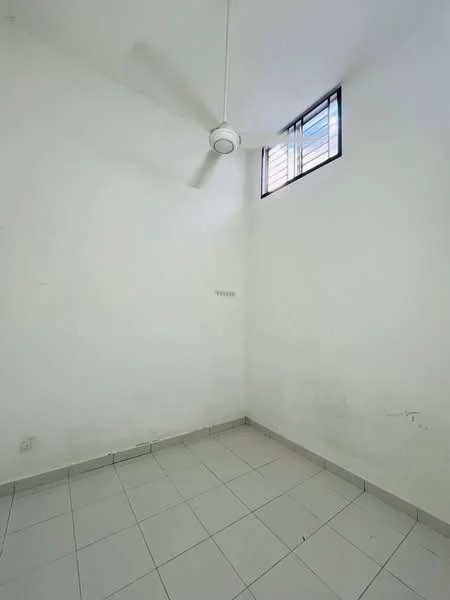 Room features: white painted walls, ceiling fan, square tile flooring, single window, corner room.