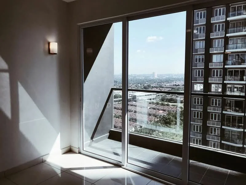 Room features: floor-to-ceiling sliding glass door, balcony with city view, cream painted walls, tile flooring, wall sconce lighting, natural light from large window; style: modern; view: city.