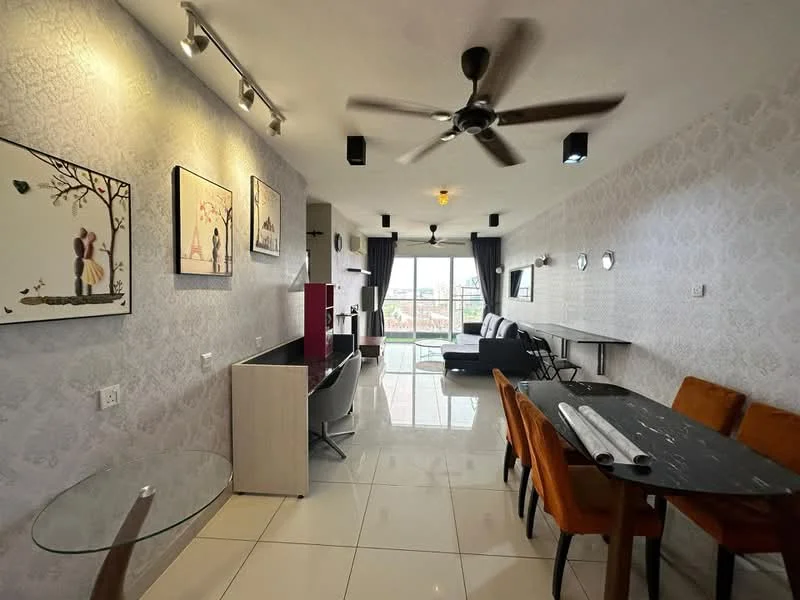 Living features: white painted walls, decorative wallpaper, polished tile flooring, 5-blade ceiling fan with light, sofa in black fabric, coffee table, TV console, wall-mounted TV, area rug, dining table with 4 upholstered chairs, floor-to-ceiling windows, city view; style: modern; view: city.