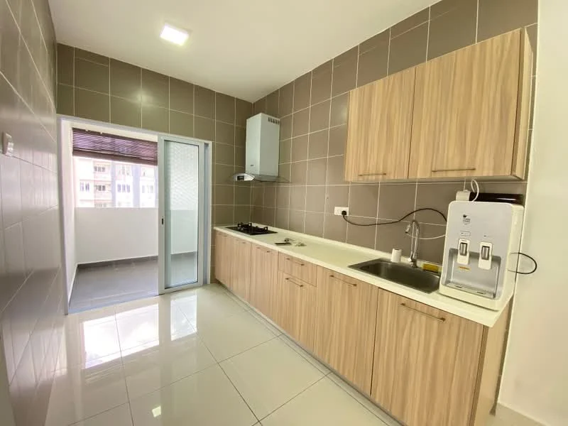 Kitchen features: brown wooden cabinetry, white countertop, single-bowl stainless-steel sink, chrome pull-down faucet, built-in gas hob, exhaust hood, white wall tiles, grey accent wall tiles, sliding glass door, window with blinds, white ceramic tile flooring, recessed LED downlights; style: modern.