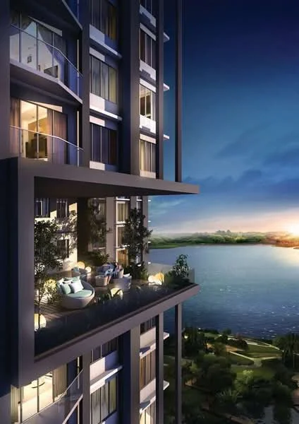 Exterior type: high-rise condominium; features: glass curtain wall, recessed balconies, floor-to-ceiling windows, landscaped balcony with seating, waterfront view, city skyline in background, night lighting, modern architectural design; style: modern.