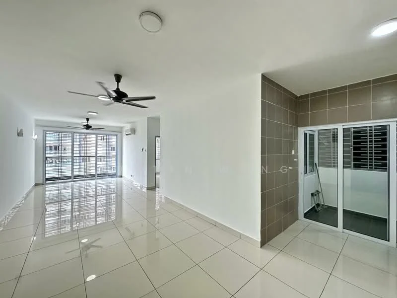 Living features: glossy white tiled flooring, white painted walls, 2 ceiling fans, floor-to-ceiling windows, sliding glass door, balcony access, recessed downlights, air conditioning unit; style: modern.