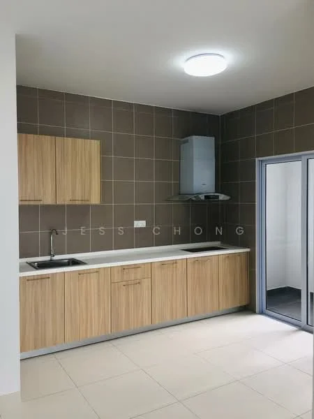 Kitchen features: wooden cabinetry with light finish, white countertop, single-bowl stainless-steel sink, chrome pull-down faucet, built-in range hood, ceramic tile flooring, grey tiled backsplash, recessed ceiling lights, sliding glass door, open layout; style: modern.