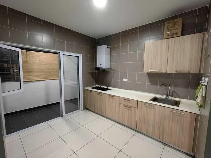 Kitchen features: brown wooden cabinetry, white countertop, single-bowl stainless-steel sink, chrome pull-down faucet, built-in gas hob, exhaust hood, grey tiled walls, white tiled flooring, sliding glass door, window with bamboo blinds; style: modern.