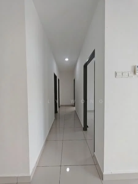 Hallway features: white painted walls, glossy ceramic tile flooring, recessed downlights, door frames in dark color, two doors on the left, one door on the right, straight corridor layout, neutral color scheme; style: modern.