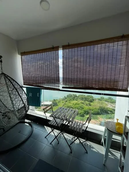 Balcony features: hanging rattan chair, small folding table, two folding chairs, bamboo roller blinds, grey tiled flooring, city view, decorative yellow item; style: modern; view: city.
