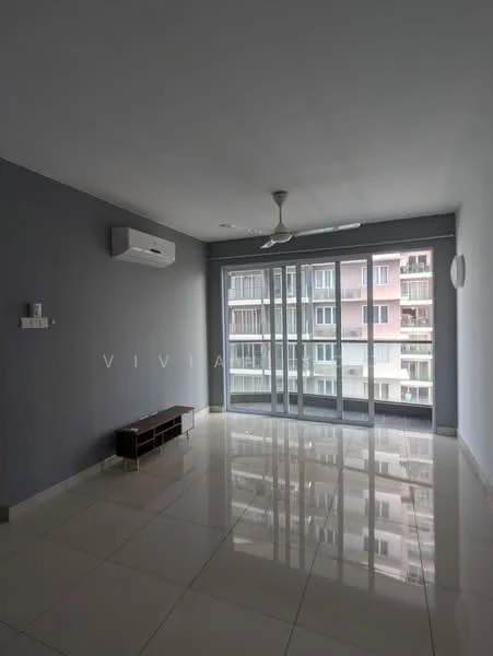 Living features: white painted walls, grey accent wall, glossy ceramic tile flooring, 5-blade ceiling fan, wall-mounted split AC, floor-to-ceiling sliding glass door, balcony view, recessed lighting, TV console, decorative wall clock; style: modern; view: city.