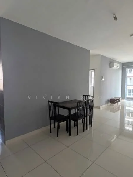 Dining features: grey painted walls, white tiled flooring, 4-seater dining table, black dining chairs, wall-mounted air conditioning unit, large windows with natural light, recessed ceiling lights; style: modern.