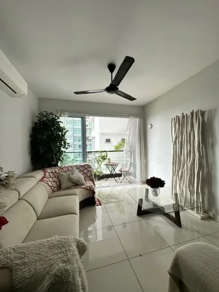 Living features: cream leather sectional sofa, white throw blanket, glass coffee table, 5-blade ceiling fan, wall-mounted air conditioning unit, large floor-to-ceiling windows, sheer curtains, decorative indoor plants, white tiled flooring, decorative wall with wooden elements, small outdoor balcony with table and chairs; style: modern; view: garden.