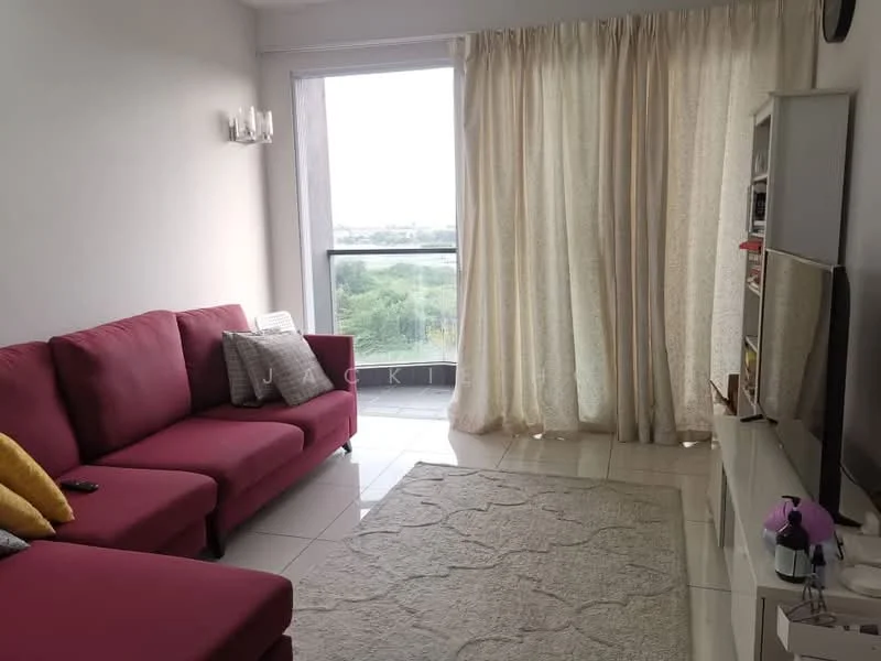 Living features: red fabric L-shape sectional sofa, cream area rug with geometric pattern, white tiled flooring, floor-to-ceiling windows, sheer curtains, wall-mounted TV, white TV console, decorative wall sconce, decorative throw pillows; style: modern; view: city.