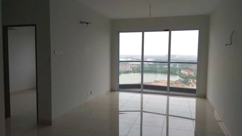 Living features: white painted walls, glossy ceramic tile flooring, floor-to-ceiling windows, sliding glass door, view of water, neutral color scheme, no visible furniture, recessed lighting, smooth ceiling; style: modern; view: water. Room features: white painted walls, glossy ceramic tile flooring, doorway leading to another room.