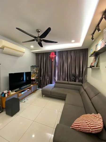 Living features: 5-blade ceiling fan with light, wall-mounted TV, grey L-shape sectional sofa, coffee table, recessed downlights, cream painted walls, floor-to-ceiling curtains, glossy tile flooring, decorative wall shelf, air conditioning unit; style: modern.