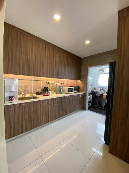 Kitchen features: brown wooden cabinetry, white quartz countertop, single-bowl stainless-steel sink, chrome pull-down faucet, built-in microwave, freestanding fridge, ceramic tile flooring, recessed LED downlights, tile backsplash, kitchen island, open shelving, wall-mounted cabinets; style: modern.