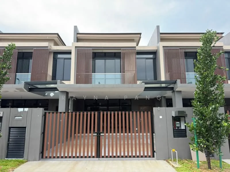 Exterior type: linked terrace house; features: modern facade with horizontal wooden slats, glass balcony railings, double-volume entrance, concrete walls, manicured landscaping, driveway with interlocking pavers, gated entry, large windows, covered porch, two-storey structure; style: modern.